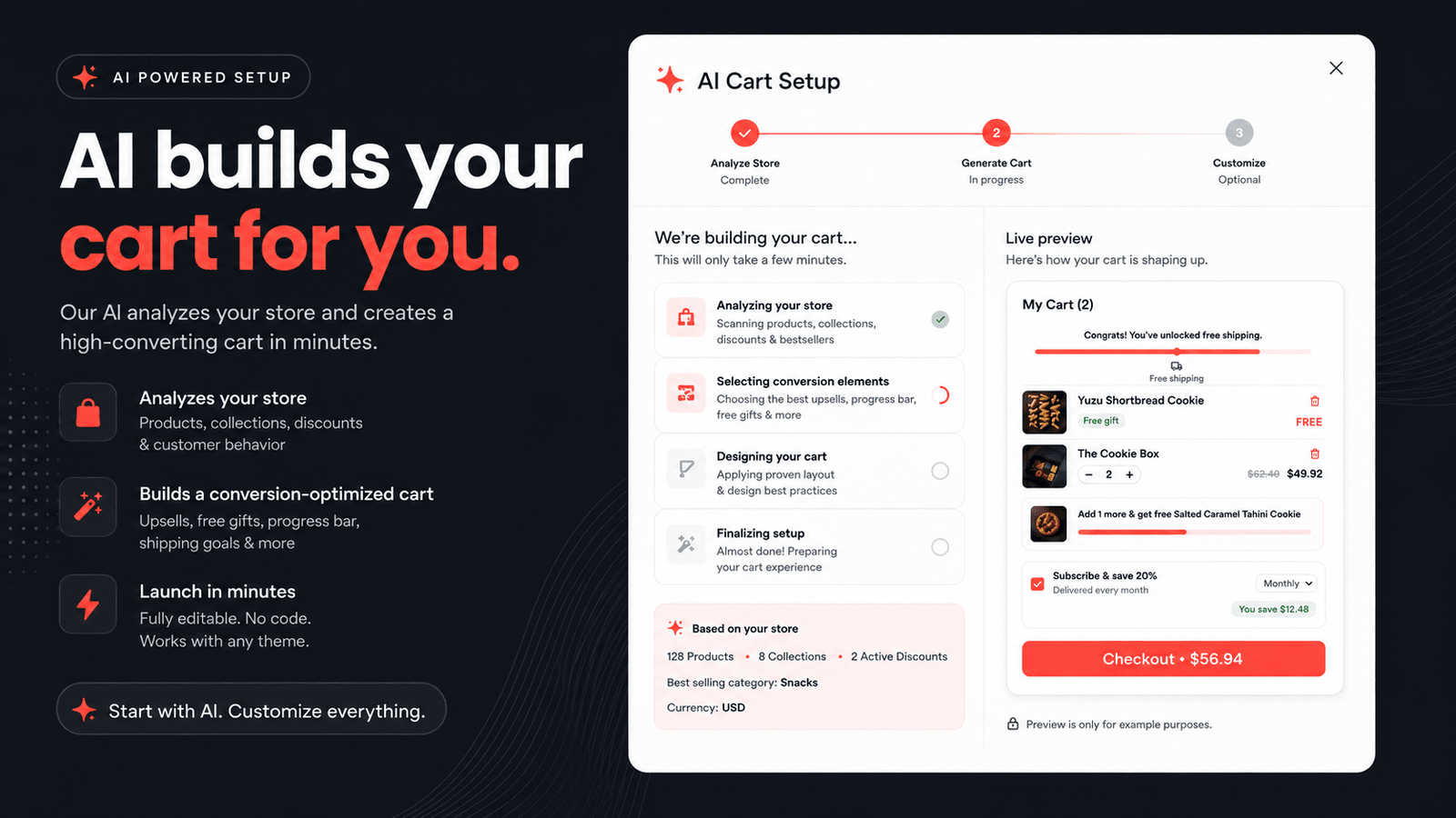 Addy AI cart drawer for Shopify showing in-cart upsells, a free shipping progress bar and volume discount bundles