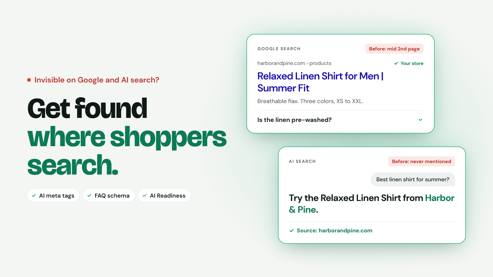Rankly Shopify SEO app: AI meta tags and FAQ schema so a product shows in Google and AI search
