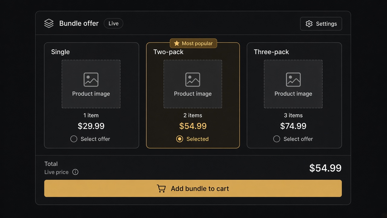 Bundle choices with a highlighted pack, a live total and one add button