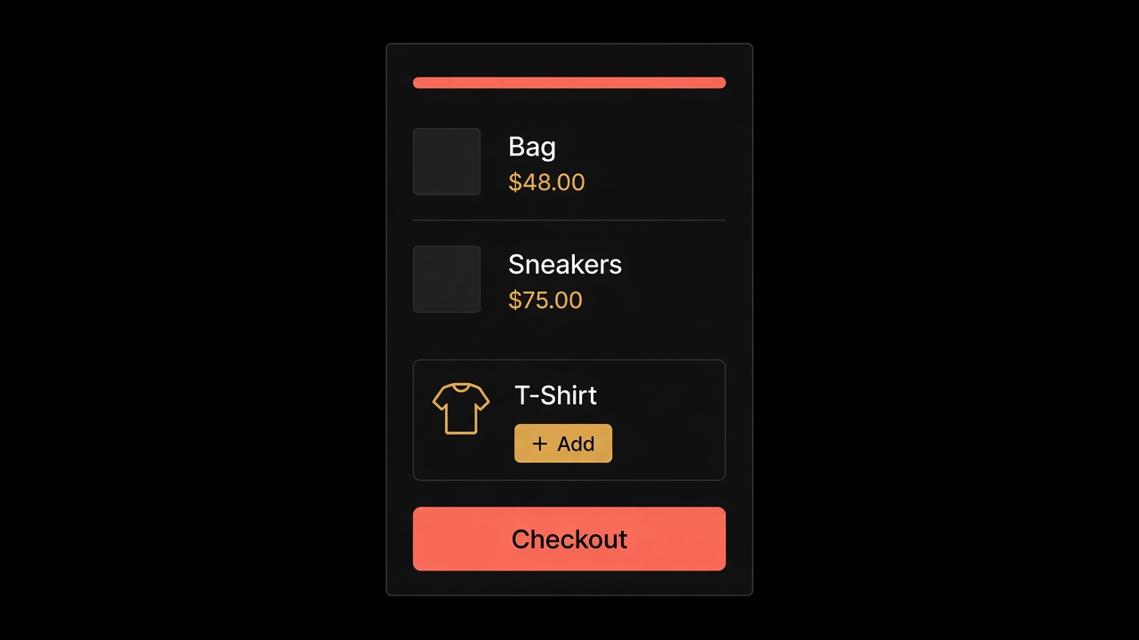 Slide cart with a progress bar, line items, one upsell and checkout