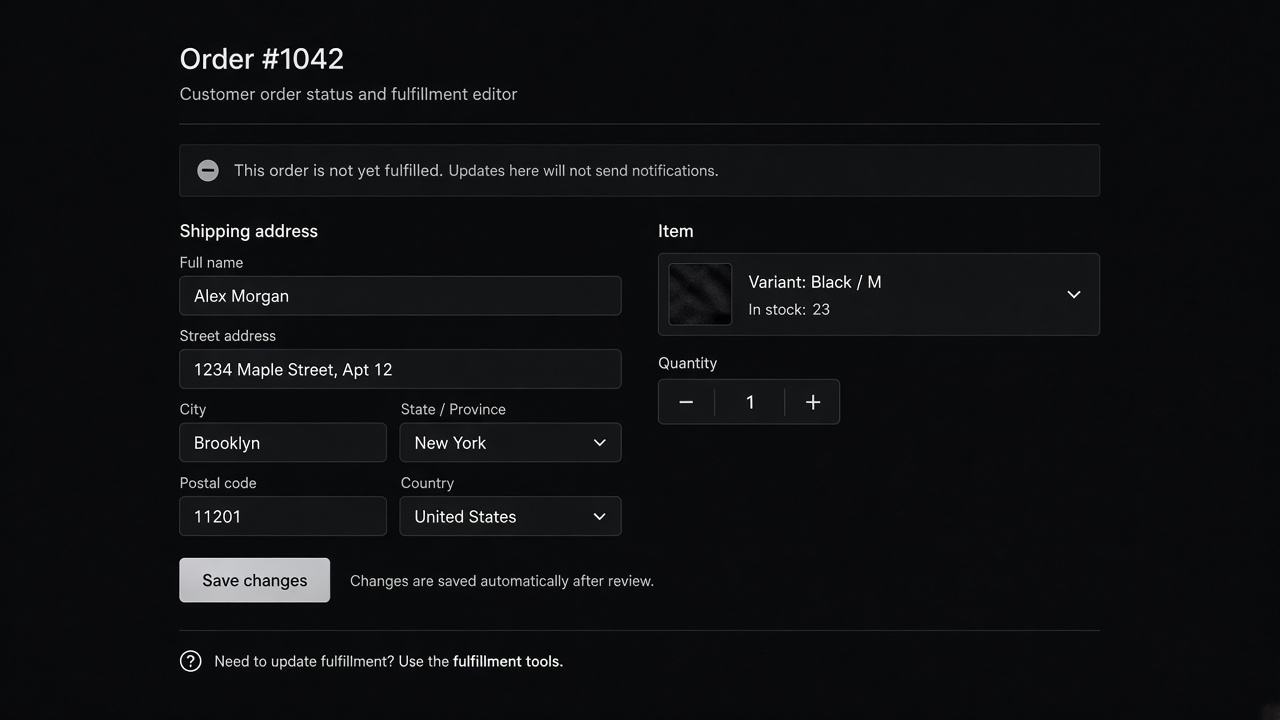 Order fields for address, variant and quantity with a save action