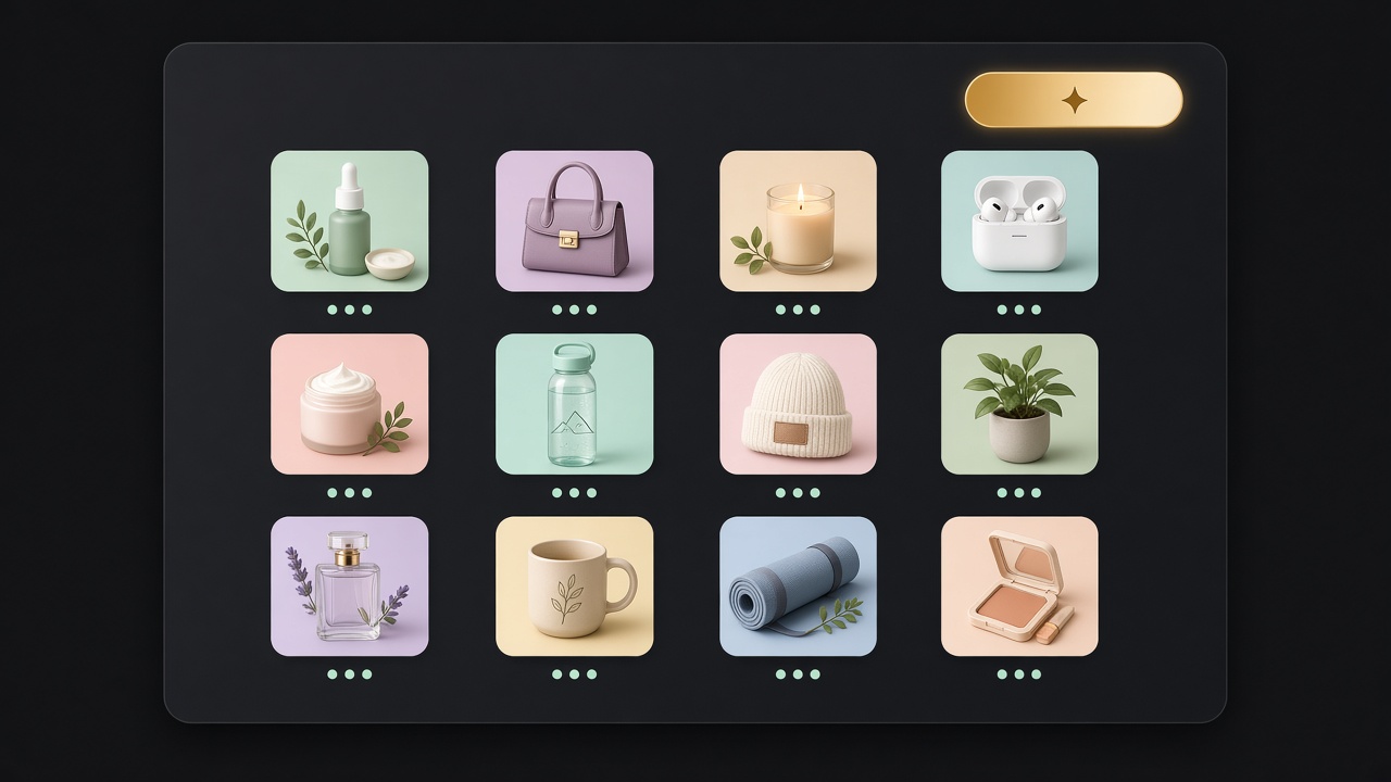 Bulk AI product-description grid of product tiles with mint status dots and a gold Generate pill