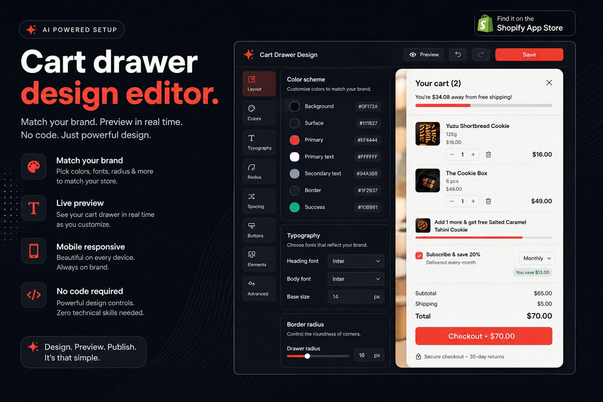 Editorial illustration for Make Your Shopify Cart Drawer Match the Store — Without a Developer