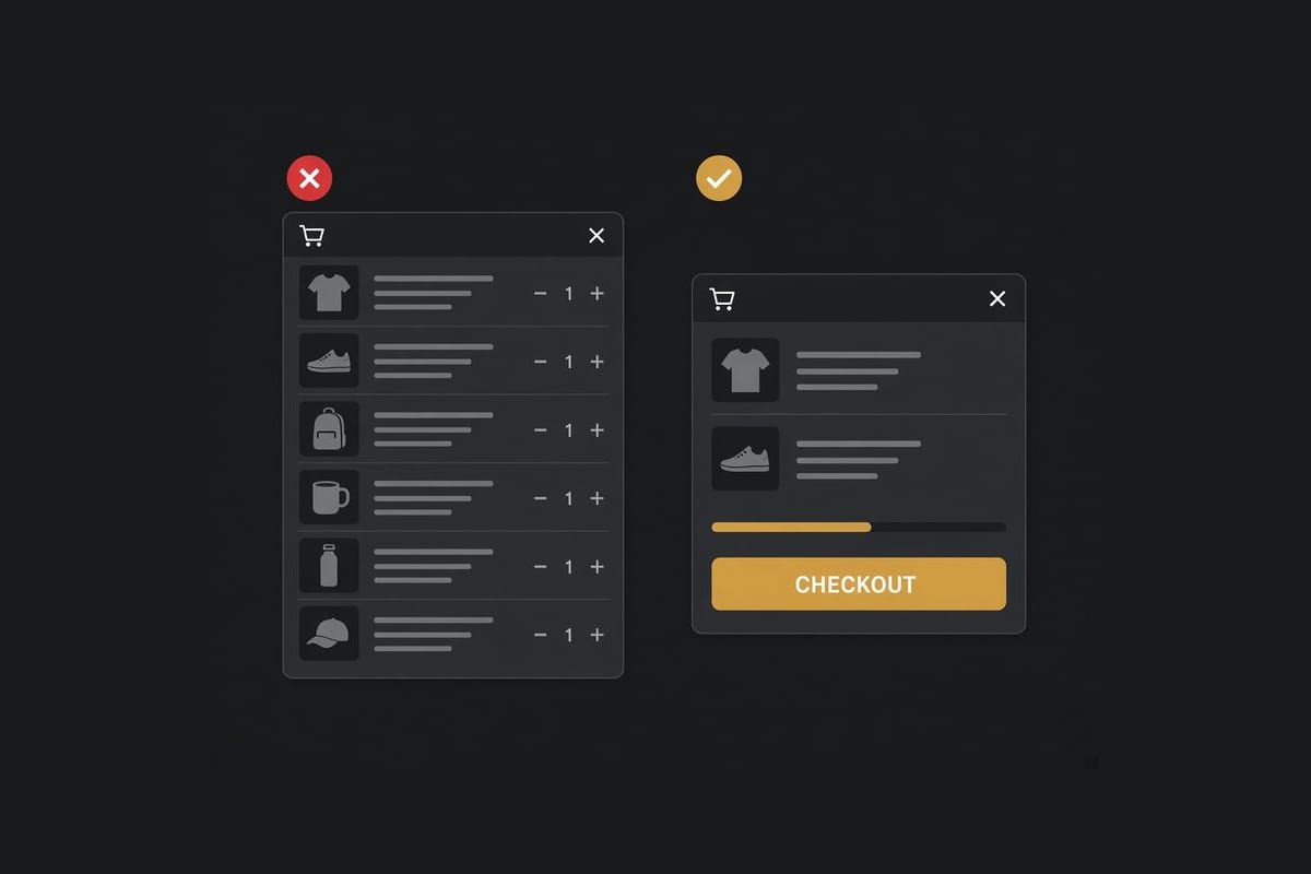 Comparison of a crowded cart drawer against a short drawer with checkout visible