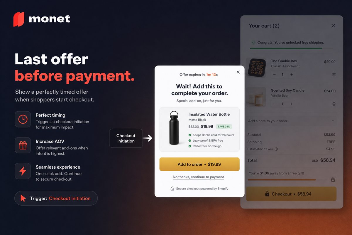 Editorial illustration for Checkout-Initiation Popups on Shopify — The Last Offer Before Payment