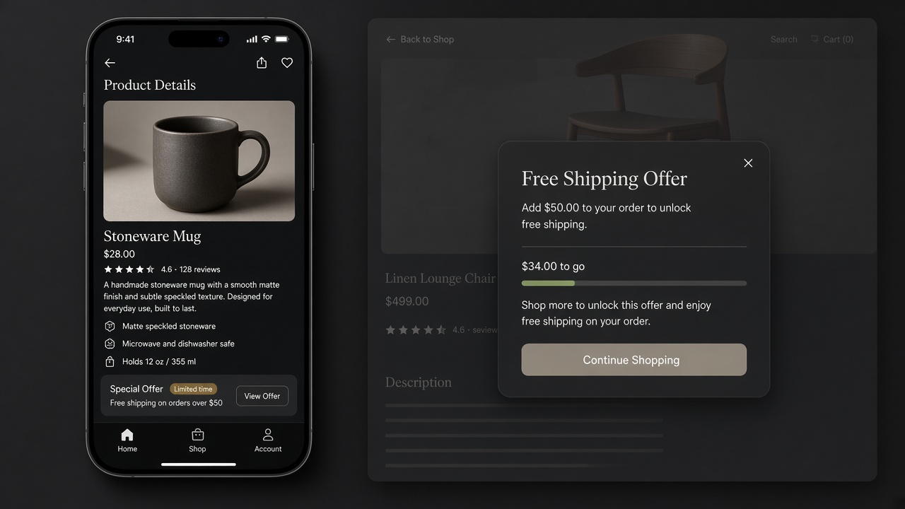A mobile product page with a small offer after add to cart, not a full-screen landing popup