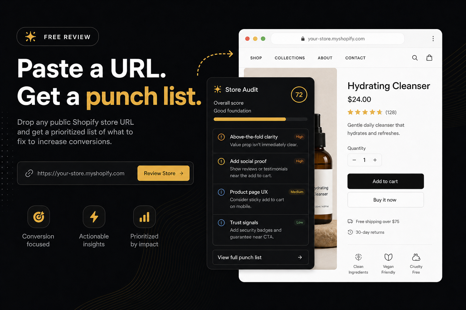 Free Shopify store review from a public product page