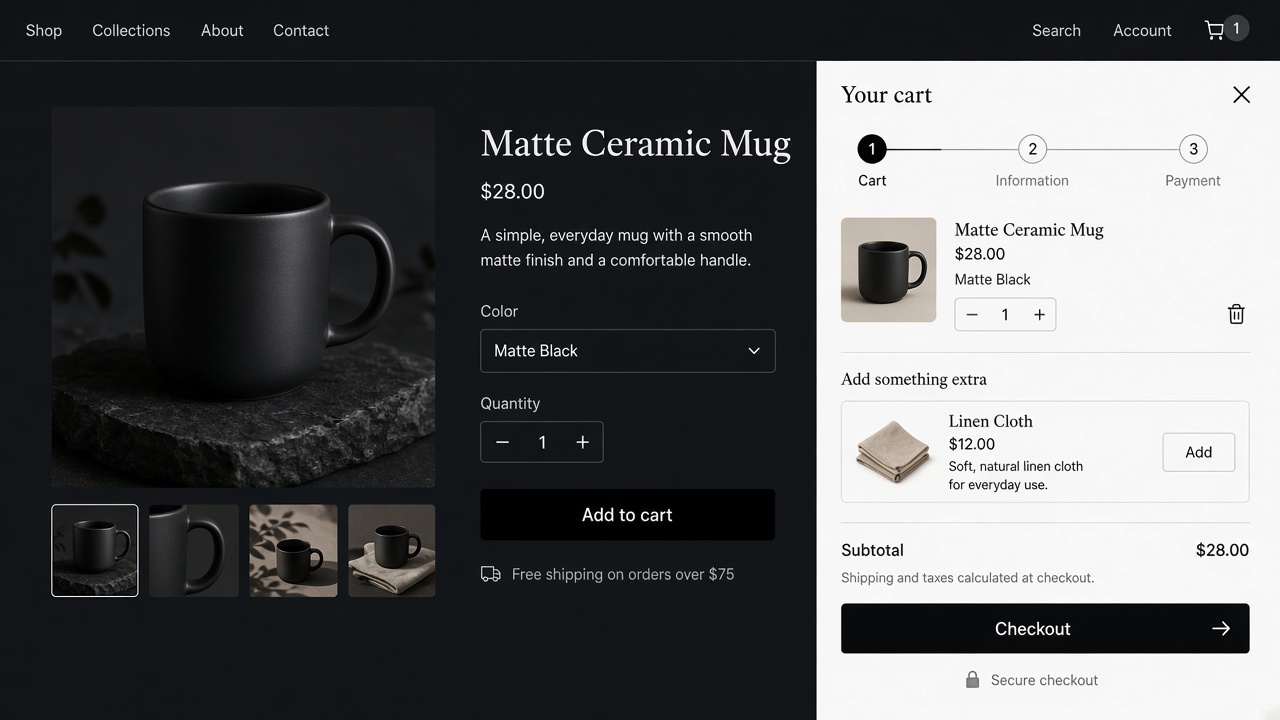 Slide cart open over a Dawn product page