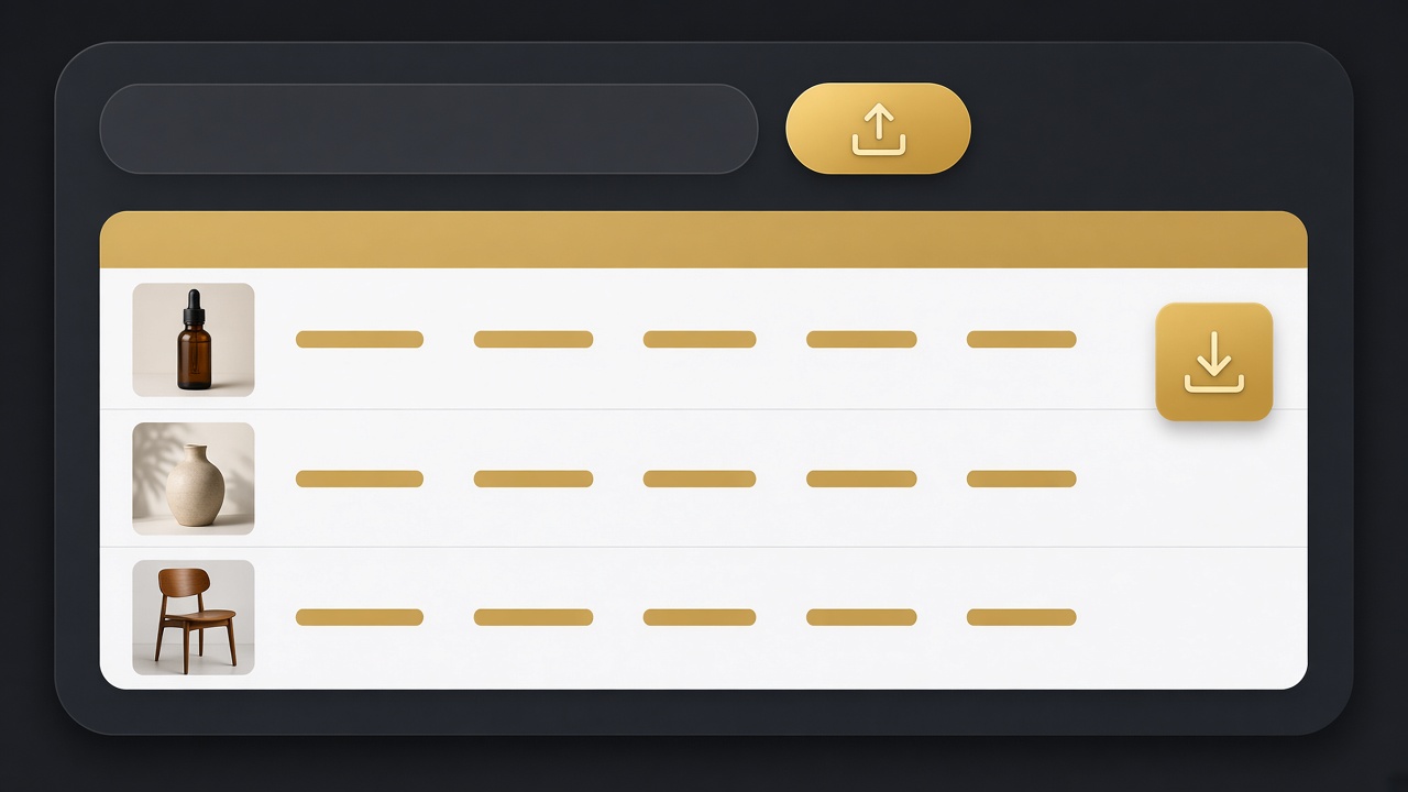 A product-exporter tool: store URL field, a catalogue sheet and a download chip