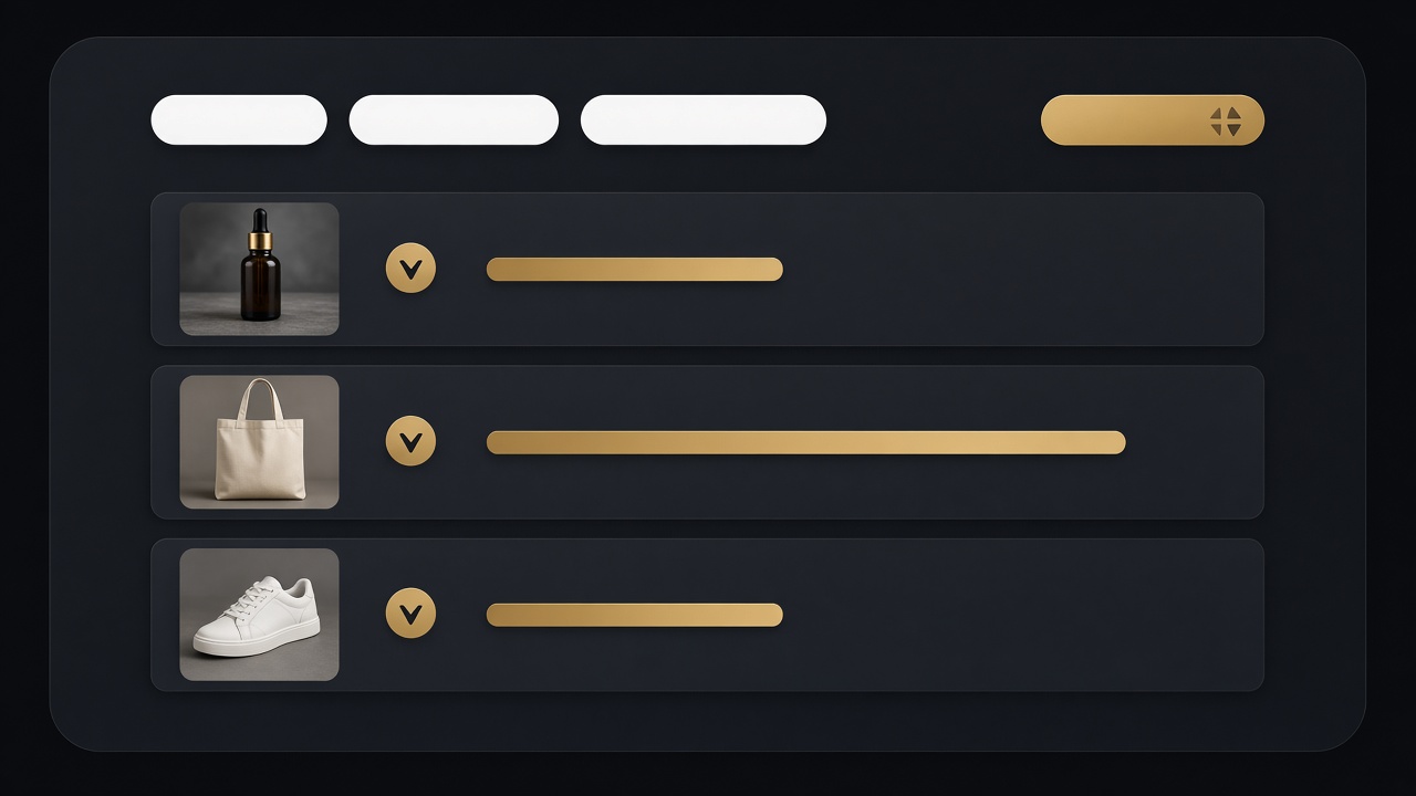 A winning-products board: filter chips and a ranked list of serum, tote and sneaker cards