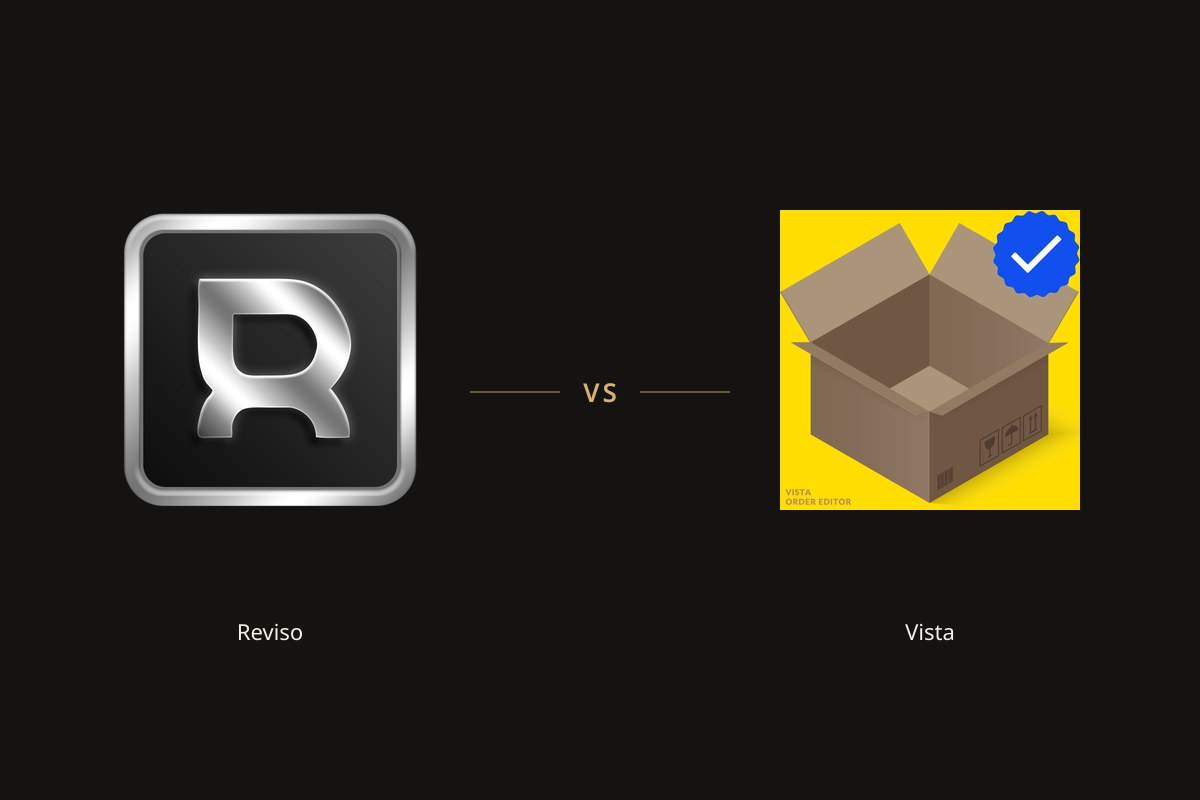 Reviso app icon on the left and the Vista app icon on the right