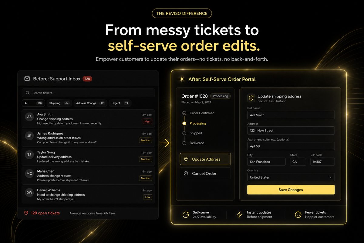 Editorial illustration for Self-Serve Order Edits vs Support Tickets — Why Shopify Stores Should Stop Taking Calls for Address Changes