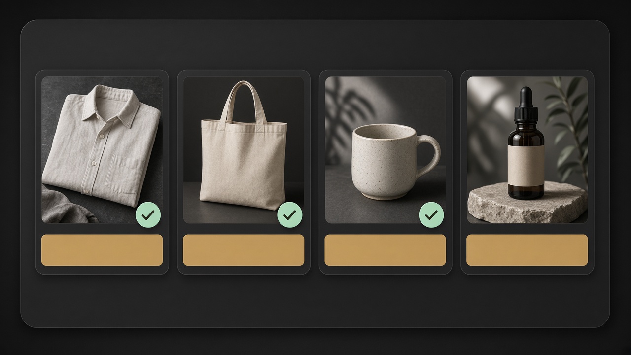 Four product photo tiles with gold caption bars standing in for alt text on a dark Shopify-style card