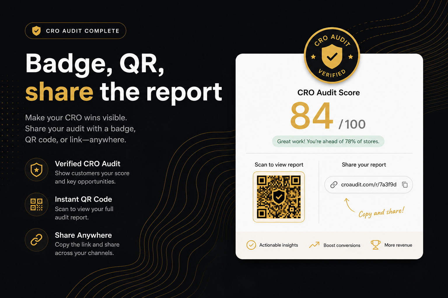 CRO Audit for Shopify stores badge with QR code to the saved report