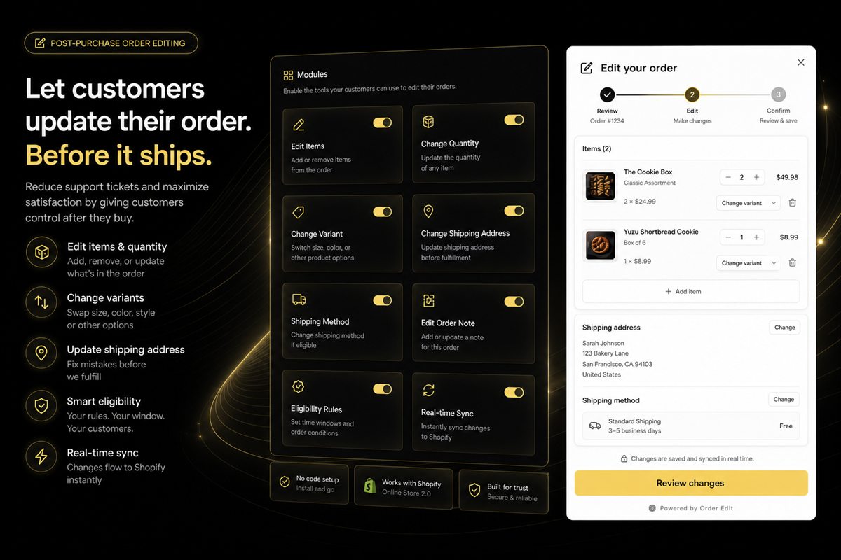 Editorial illustration for Post-Purchase Order Editing on Shopify — The Complete Guide