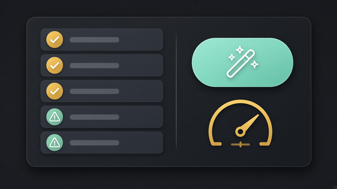 Shopify SEO audit checklist with gold and mint status dots and an Auto-Fix pill on a dark card