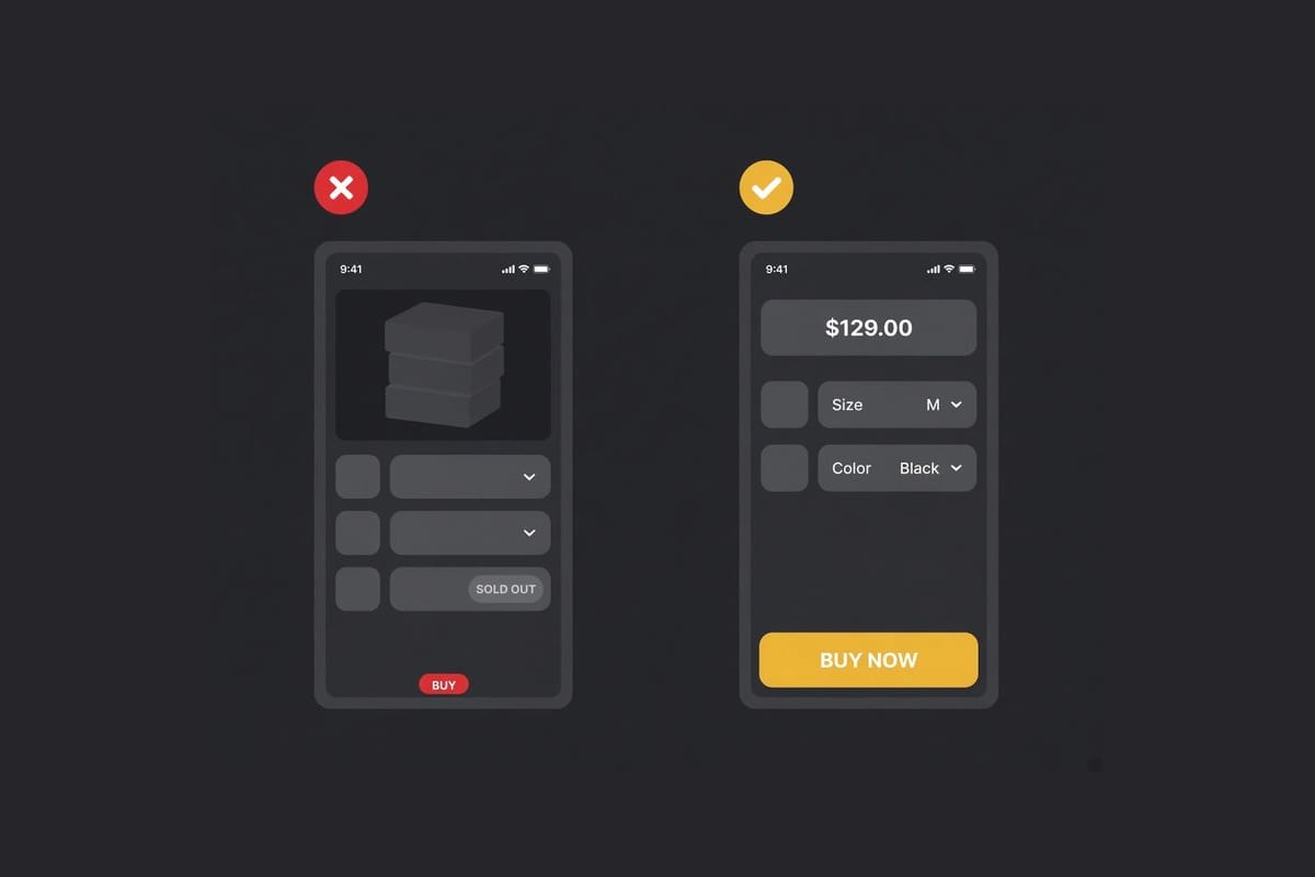 Comparison of a buried buy button against a clear price, variant and button