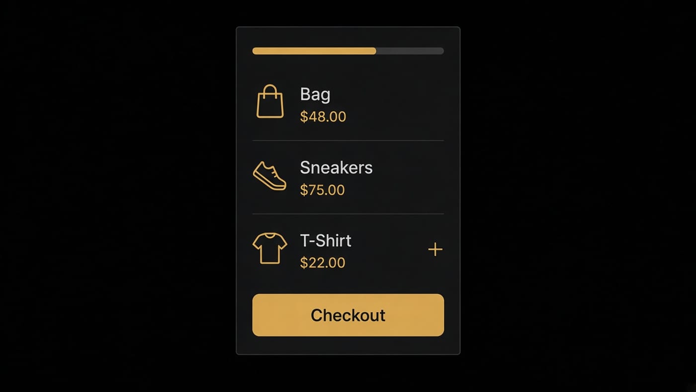 Simplified cart drawer with a progress bar, the items, one suggestion and checkout