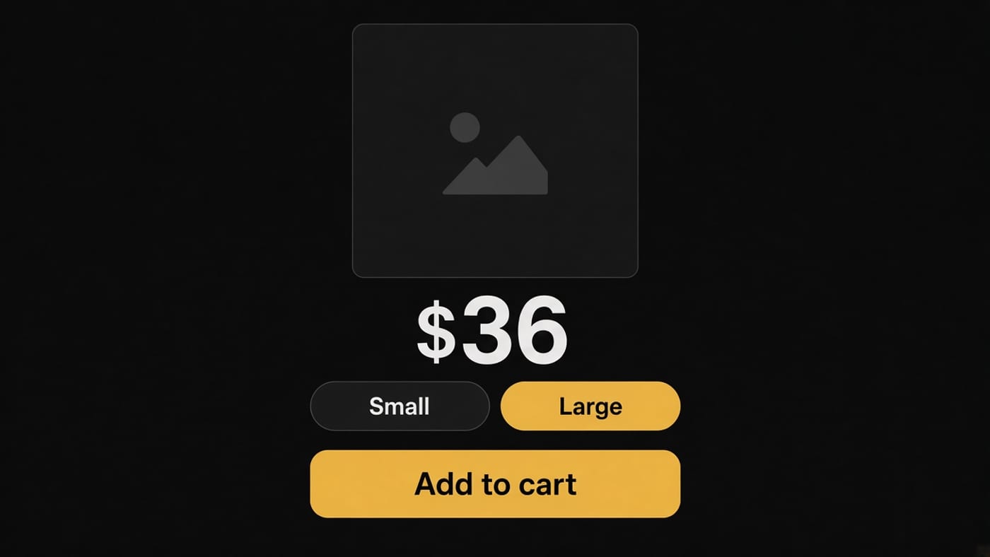 Simplified product buy box with a price, two sizes and one add-to-cart button
