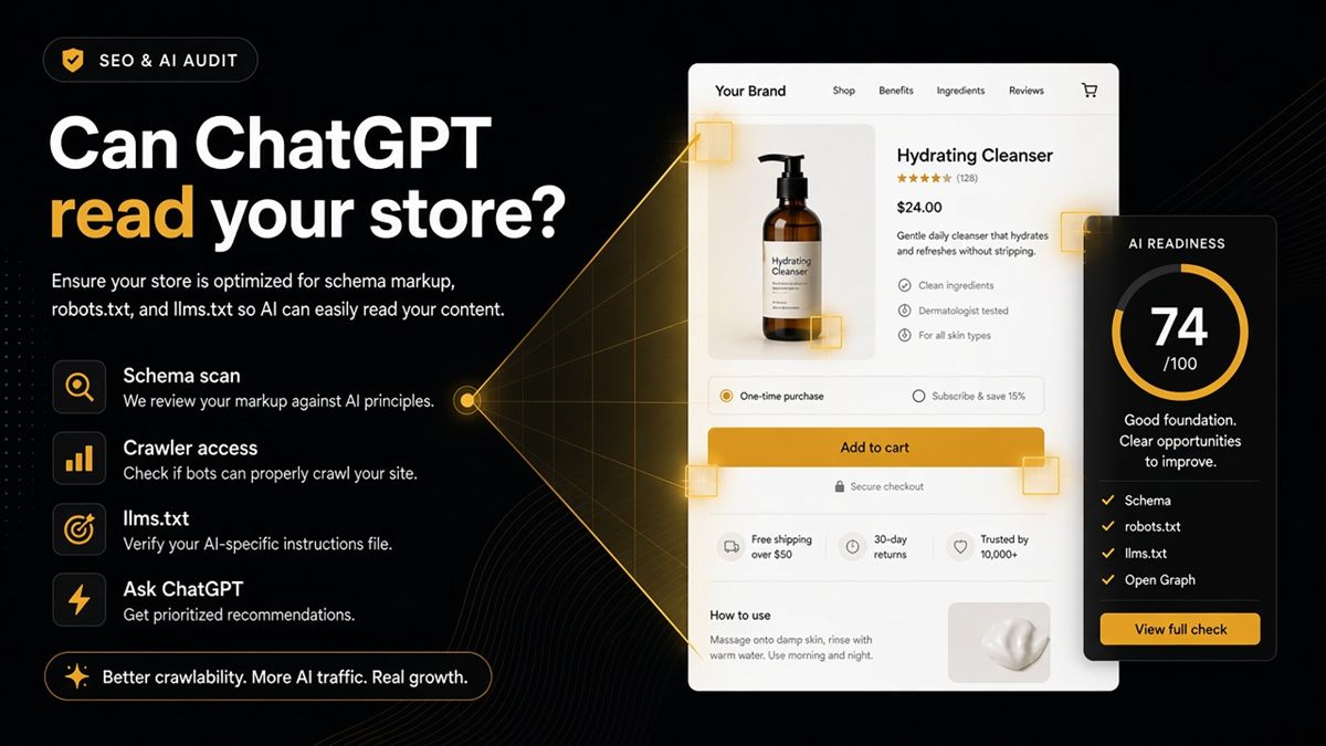 ChatGPT SEO check for Shopify stores — free SEO and AI Audit of a live page